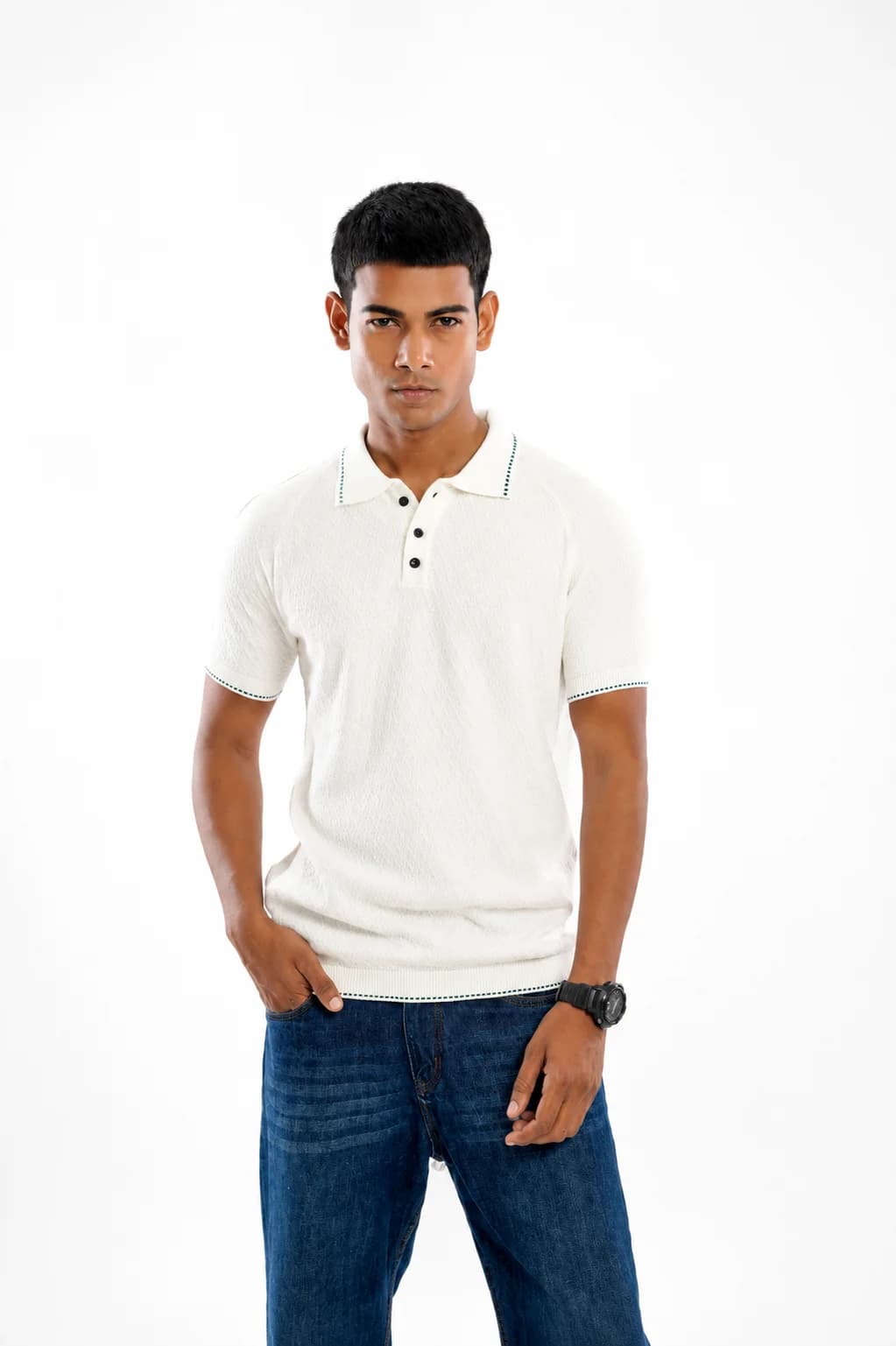 Men White Crest Polo Collar 100% Cotton Knitted T-Shirt